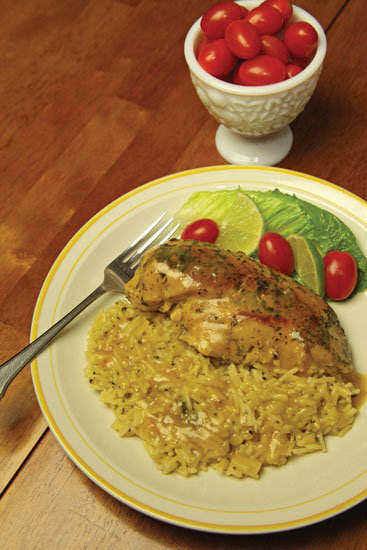 Easy Slow-Cooker Country French Chicken is made with frozen chicken breasts, cream of chicken soup, cooking wine or chicken broth, and dill, and is served over rice or pasta.